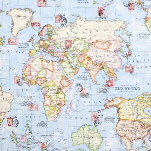 world map in light blue - vastag, erős szövet méteráru