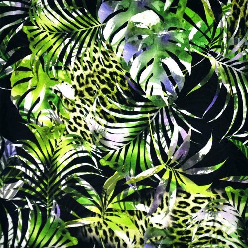 leaves and leopards in green - mintás elasztikus méteráru
