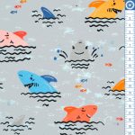 cápa - swimming sharks in grey - mintás elasztikus méteráru
