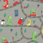 autók & dinók -mintás jersey méteráru - road map on grey