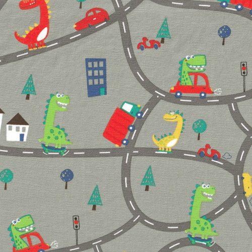 autók & dinók -mintás jersey méteráru - road map on grey