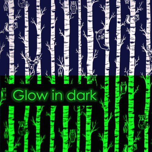 light up my world - moonlit forest in navy - glow in dark - sötétben világító designer pamutvászon méteráru
