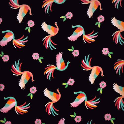 enchanted dreams - dancing phoenix in black - designer pamutvászon méteráru