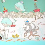 tenger, bálnák - make a splash - fish inn double border - dupla bordűrös designer pamutvászon méteráru