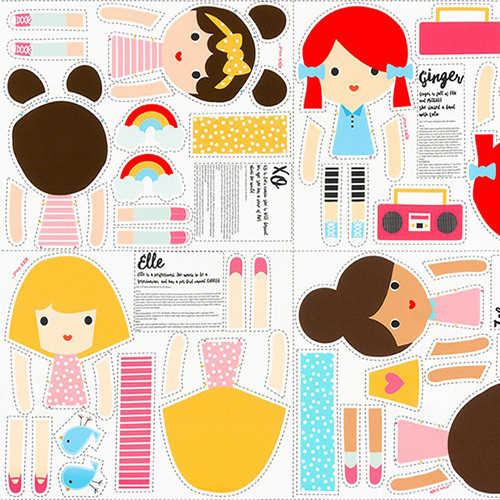 girl friends - cut-n-sew doll panel - XO, Ginger, Elle, Zoe - designer pamut méteráru
