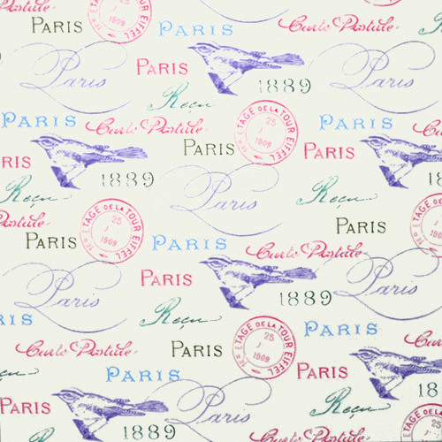 paris in bloom - birds, stamps, words in white - designer pamut méteráru