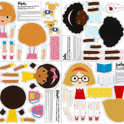 girl friends - cut-n-sew doll panel - Piper, Jules, Kensie, Bailey - designer pamut méteráru