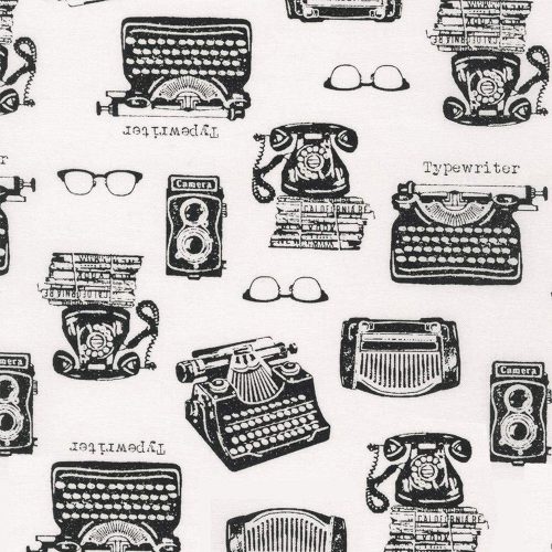 in the press – typewriter in white- designer pamutvászon méteráru