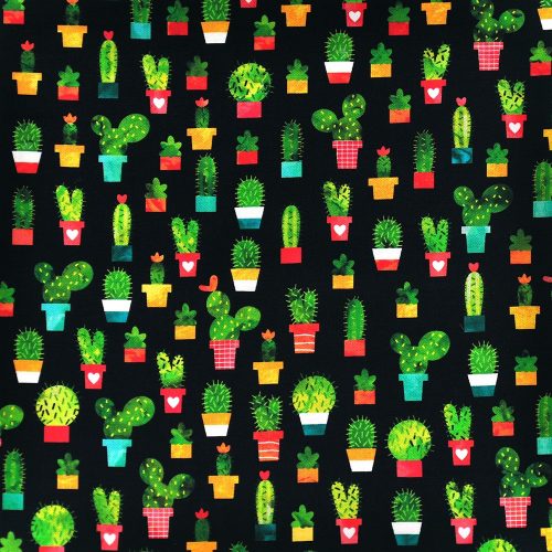 kaktusz - chili smiles - cactus on black - designer pamutvászon méteráru