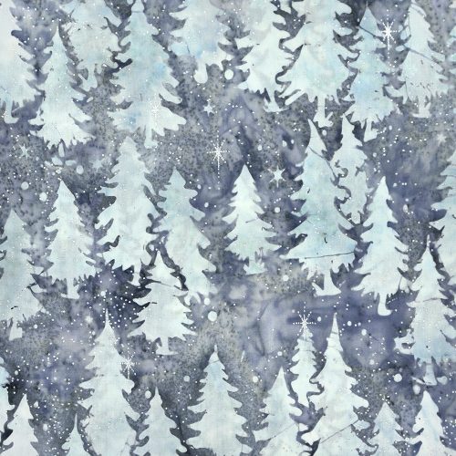 fenyves - magical winter - pines in dusty blue - batikolt kézműves designer pamut méteráru