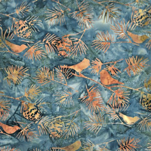 madarak fenyőn - forest trails - pine wood in slate - batikolt kézműves designer pamut méteráru