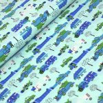 jármű - various vehicles on light blue - európai pamutvászon méteráru