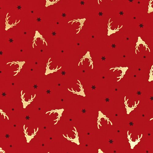 metallic deer head on deep red - európai pamut puplin méteráru
