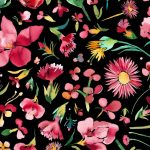 virág mintás - flower bouquet in black - vastag, erős pamutszövet méteráru