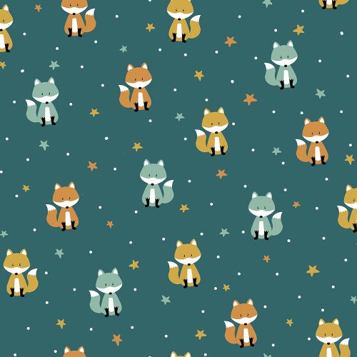 foxes and stars on cyan - mintás pamut jersey méteráru